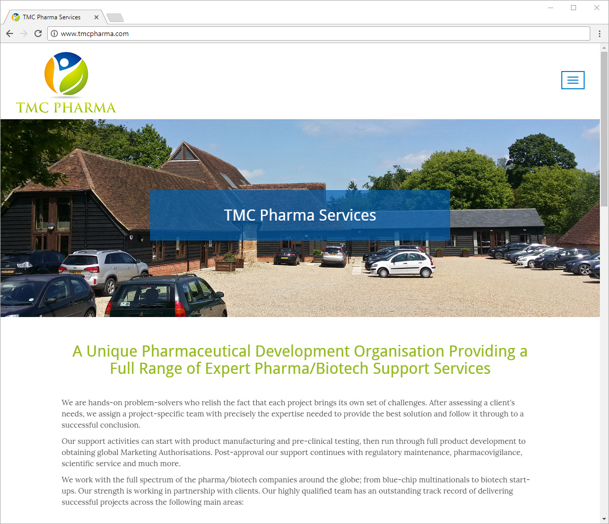 Computer screen preview of TMC Pharma website
